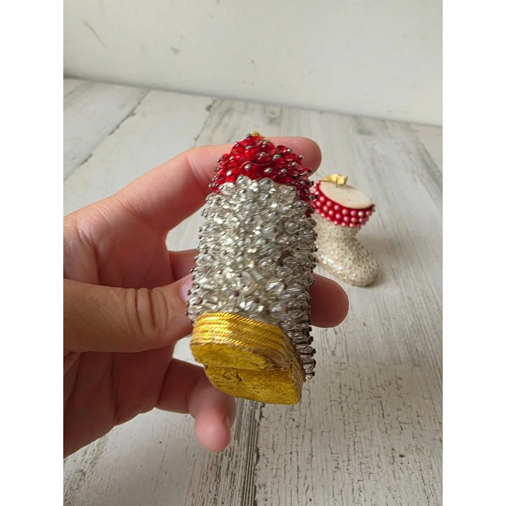 Vintage pushpin Santa boot shoe sequin ornament pearls Xmas tree